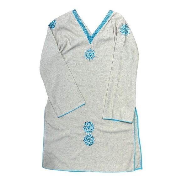 NEW MASHAL Pakistan Cream Linen Tunic Dress Short Turquoise 3/4 Sleeve Womens M - Picture 1 of 9
